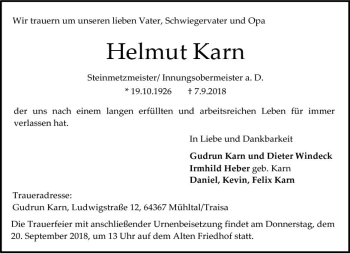 Traueranzeige von Helmut Karn von vrm-trauer