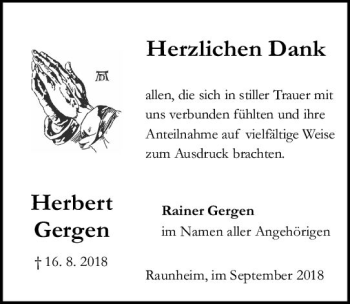 Traueranzeige von Herbert Gergen von vrm-trauer