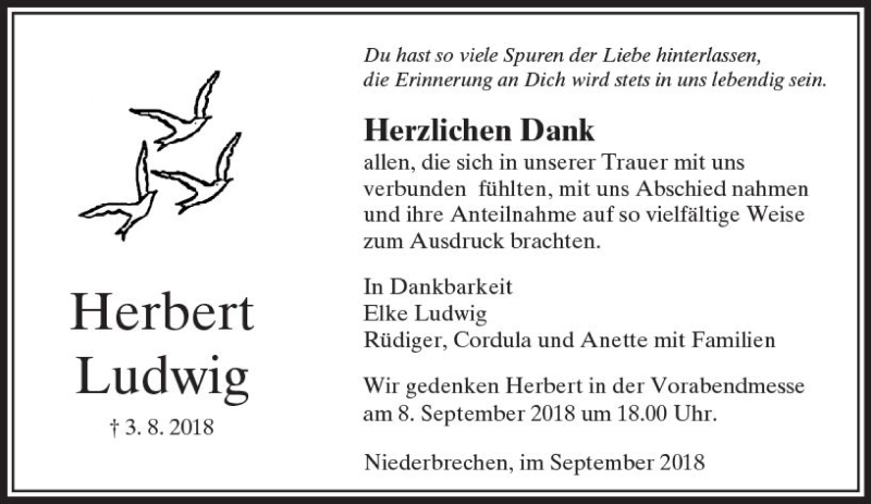  Traueranzeige für Herbert Ludwig vom 06.09.2018 aus  Camberger Anzeiger