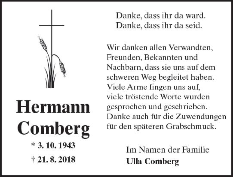  Traueranzeige für Hermann Comberg vom 15.09.2018 aus  Kreisanzeiger