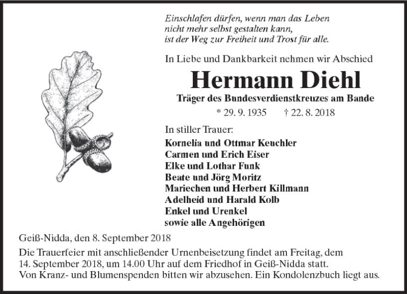  Traueranzeige für Hermann Diehl vom 08.09.2018 aus  Kreisanzeiger