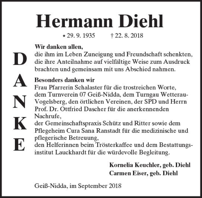  Traueranzeige für Hermann Diehl vom 29.09.2018 aus  Kreisanzeiger