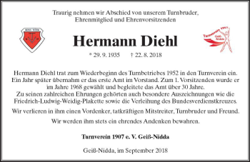 Traueranzeige von Hermann Diehl von  Kreisanzeiger