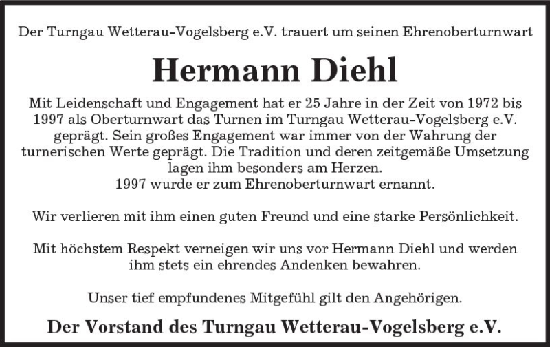  Traueranzeige für Hermann Diehl vom 08.09.2018 aus  Kreisanzeiger