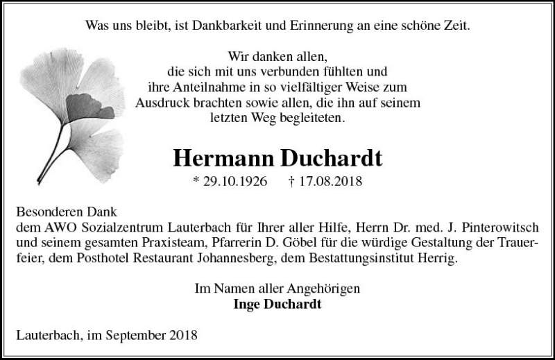  Traueranzeige für Hermann Duchardt vom 08.09.2018 aus VRM Trauer