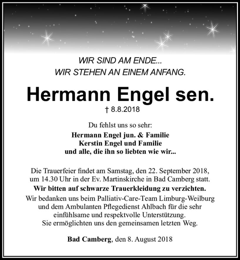  Traueranzeige für Hermann Engel vom 13.09.2018 aus  Camberger Anzeiger