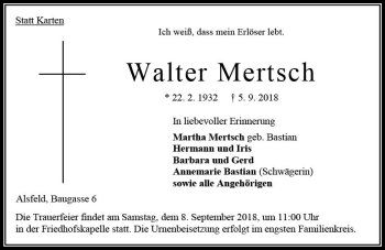 Traueranzeige von Walter Mertsch von VRM Trauer