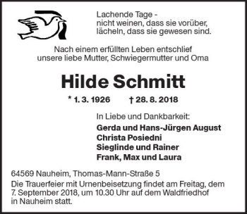 Traueranzeige von Hilde Schmitt von vrm-trauer