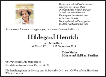 Traueranzeige von Hildegard Henrich von vrm-trauer