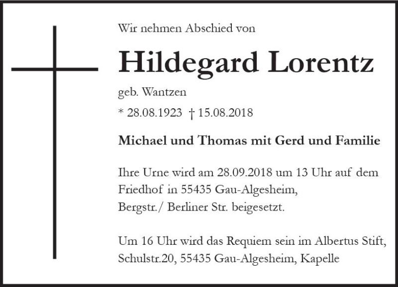  Traueranzeige für Hildegard Lorentz vom 15.09.2018 aus vrm-trauer