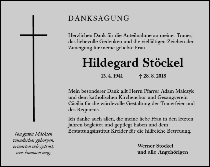  Traueranzeige für Hildegard Stöckel vom 15.09.2018 aus vrm-trauer