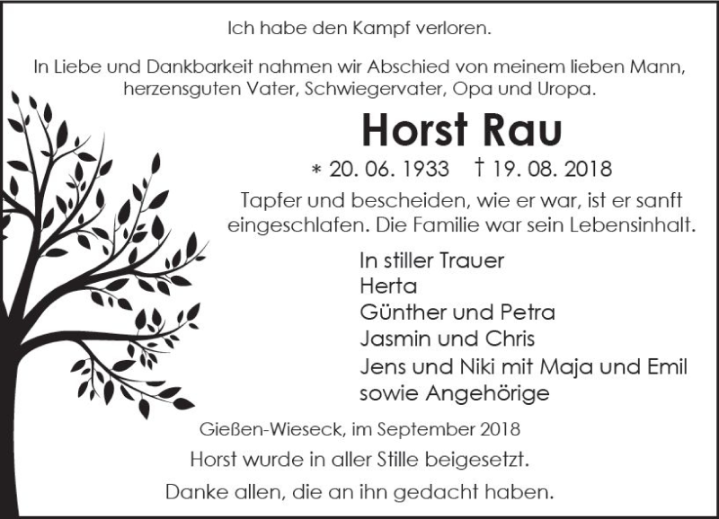  Traueranzeige für Horst Rau vom 08.09.2018 aus  Gießener Anzeiger