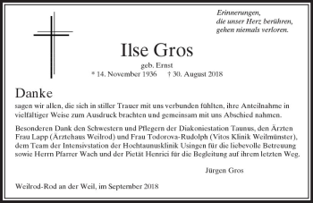 Traueranzeige von Ilse Gros von  Usinger Anzeiger