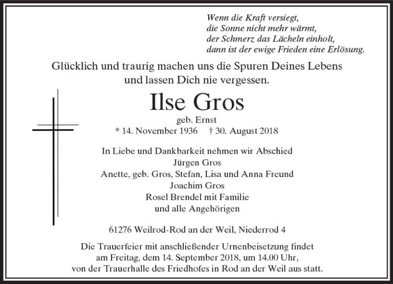  Traueranzeige für Ilse Gros vom 11.09.2018 aus  Usinger Anzeiger