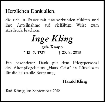 Traueranzeige von Inge Kling von vrm-trauer