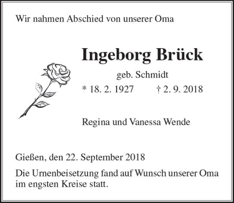  Traueranzeige für Ingeborg Brück vom 22.09.2018 aus  Gießener Anzeiger
