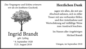 Traueranzeige von Ingrid Brandt von  Usinger Anzeiger