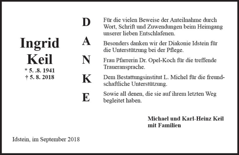  Traueranzeige für Ingrid Keil vom 08.09.2018 aus vrm-trauer
