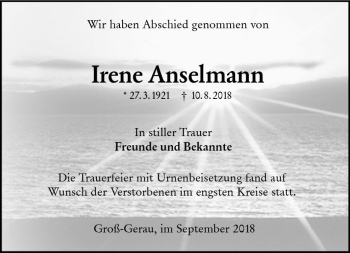 Traueranzeige von Irene Anselmann von vrm-trauer