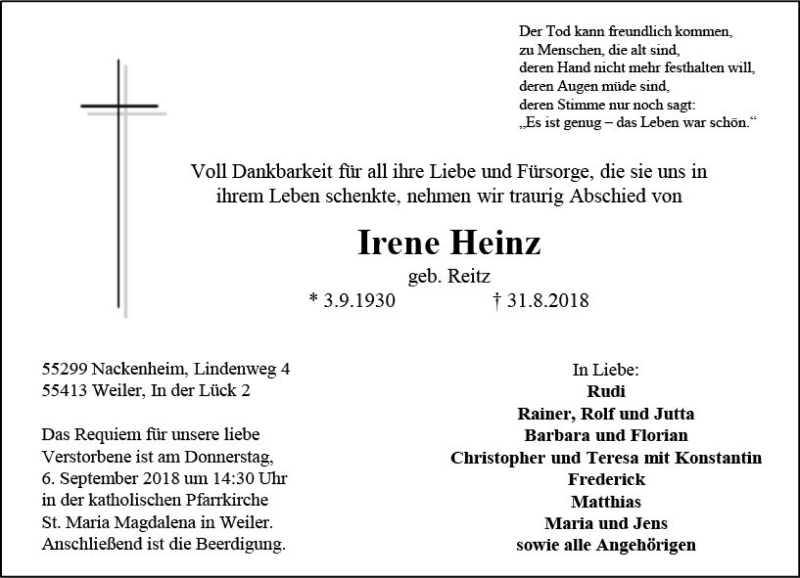  Traueranzeige für Irene Heinz vom 04.09.2018 aus vrm-trauer
