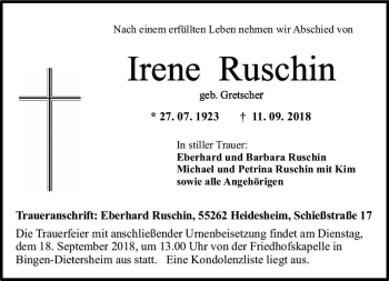 Traueranzeige von Irene Ruschin von vrm-trauer