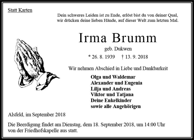  Traueranzeige für Irma Brumm vom 15.09.2018 aus VRM Trauer
