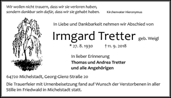 Traueranzeige von Irmgard Tretter von vrm-trauer