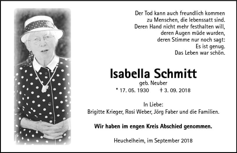  Traueranzeige für Isabella Schmitt vom 15.09.2018 aus  Gießener Anzeiger