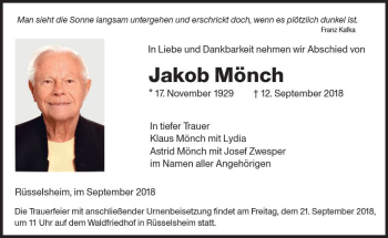 Traueranzeige von Jakob Mönch von vrm-trauer