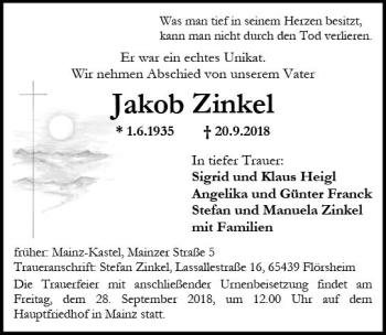 Traueranzeige von Jakob Zinkel von vrm-trauer