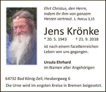 Traueranzeige von Jens Krönke von vrm-trauer