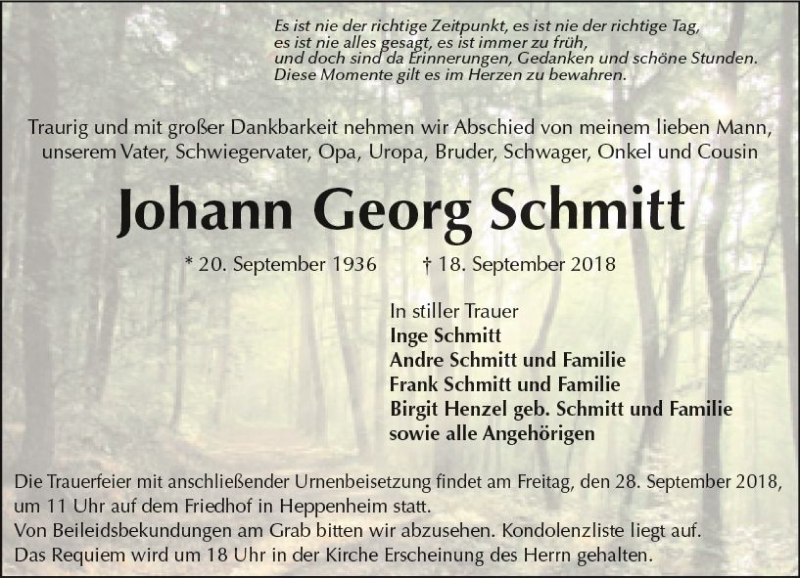  Traueranzeige für Johann Georg Schmitt vom 26.09.2018 aus vrm-trauer