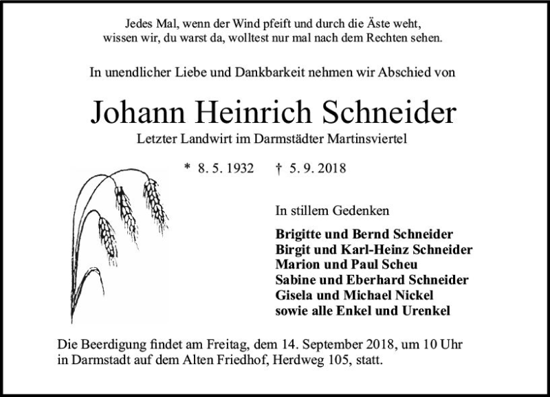  Traueranzeige für Johann Heinrich Schneider vom 08.09.2018 aus vrm-trauer