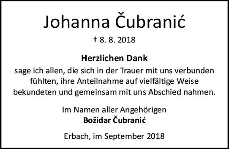  Traueranzeige für Johanna Cubranic vom 22.09.2018 aus vrm-trauer