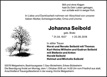 Traueranzeige von Johanna Seibold von vrm-trauer
