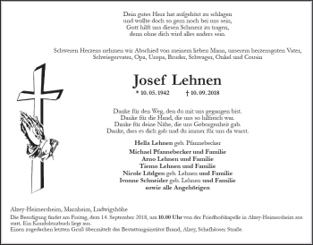 Traueranzeige von Josef Lehnen von vrm-trauer