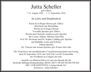Traueranzeige von Jutta Scheller von  Usinger Anzeiger