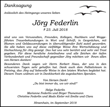 Traueranzeige von Jörg Federlin von  Kreisanzeiger