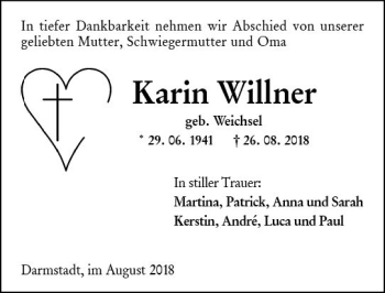 Traueranzeige von Karin Willner von vrm-trauer
