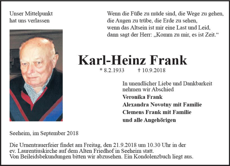  Traueranzeige für Karl-Heinz Frank vom 15.09.2018 aus vrm-trauer