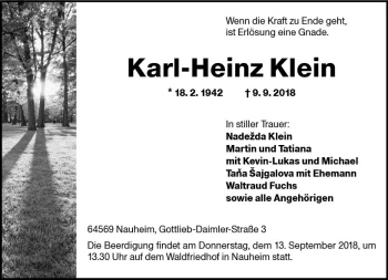 Traueranzeige von Karl-Heinz Klein von vrm-trauer