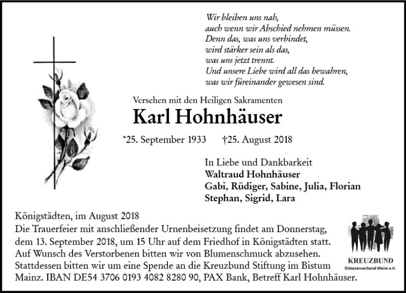  Traueranzeige für Karl Hohnhäuser vom 08.09.2018 aus vrm-trauer