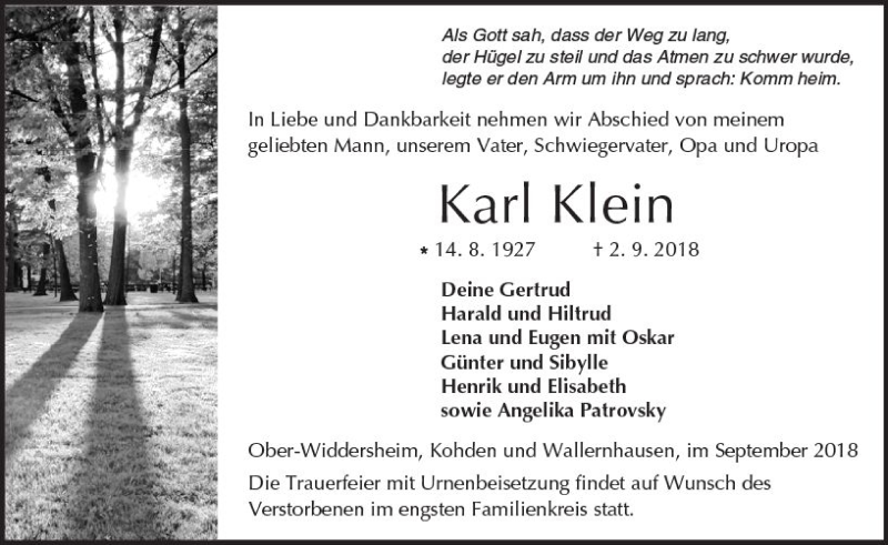  Traueranzeige für Karl Klein vom 08.09.2018 aus  Kreisanzeiger