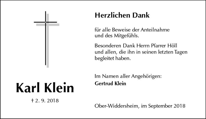 Traueranzeige für Karl Klein vom 29.09.2018 aus  Kreisanzeiger
