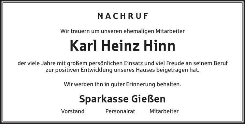  Traueranzeige für Karl Heinz Hinn vom 04.09.2018 aus  Gießener Anzeiger