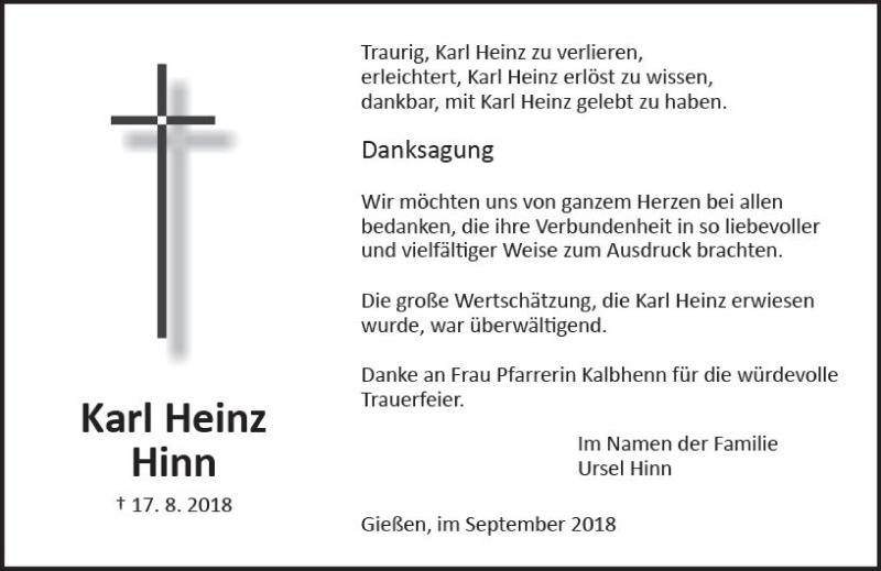  Traueranzeige für Karl Heinz Hinn vom 15.09.2018 aus  Gießener Anzeiger