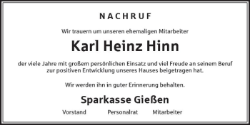Traueranzeige von Karl Heinz Hinn von  Gießener Anzeiger