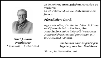 Traueranzeige von Karl Johann Neuhäuser von vrm-trauer