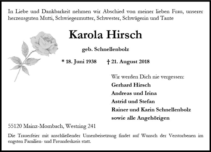  Traueranzeige für Karola Hirsch vom 08.09.2018 aus vrm-trauer