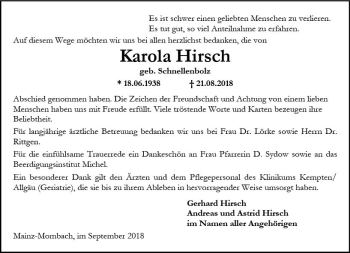 Traueranzeige von Karola Hirsch von vrm-trauer